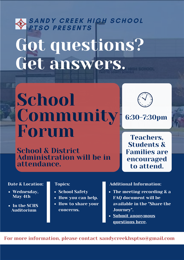 School Community Forum, May 4, Auditorium, 6:30-7:30 PM